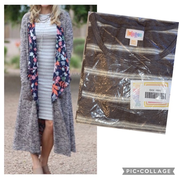 LULAROE Julia Bodycon Midi Dress XXS Gray Brown Stripe Short Elbow Sleeve NEW! - Picture 10 of 10